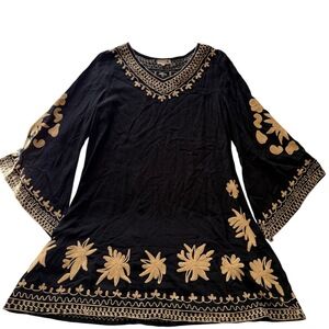 Wayan Natural‎ Wear Black Gold Embroidery Floral Bell Sleeve Tunic Coverup XL